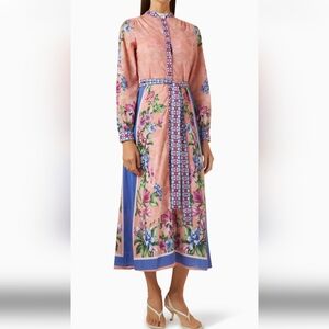 Raishma Studio Pink & Blue Floral print Buttoned Midi Dress Cotton size 12 NWT